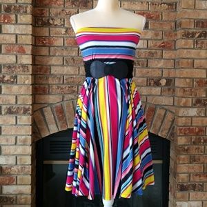 Multicolor rainbow stripe strapless dress